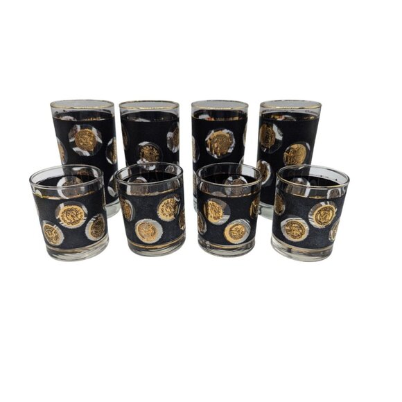 Vtg Libby Black & Gold Roman Coin Pattern Glasses Set Of 8 - Picture 1 of 10